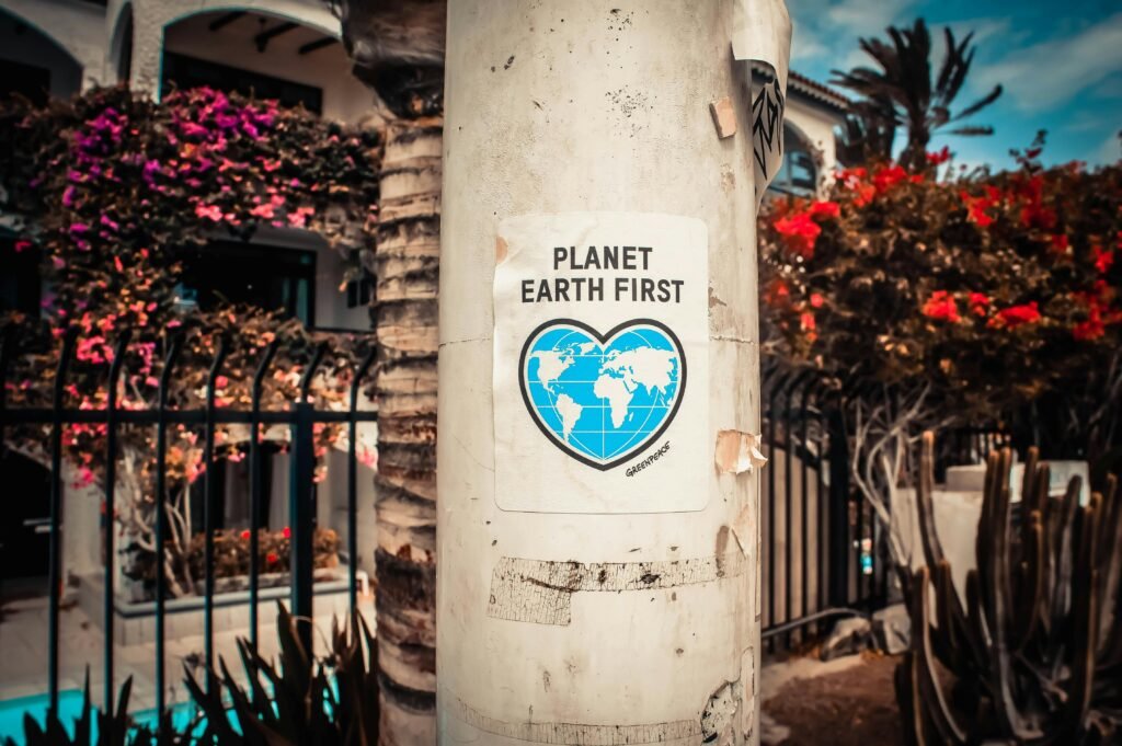 pexels photo 3302183 3302183 A 'Planet Earth First' sticker on a pole in Las Palmas de Gran Canaria.